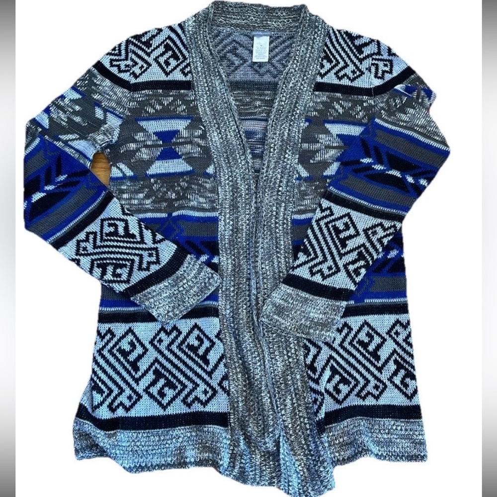 Charlotte Russe Blue/Grey‎ Aztec geometric stripes open front cardigan M Y2K USA
